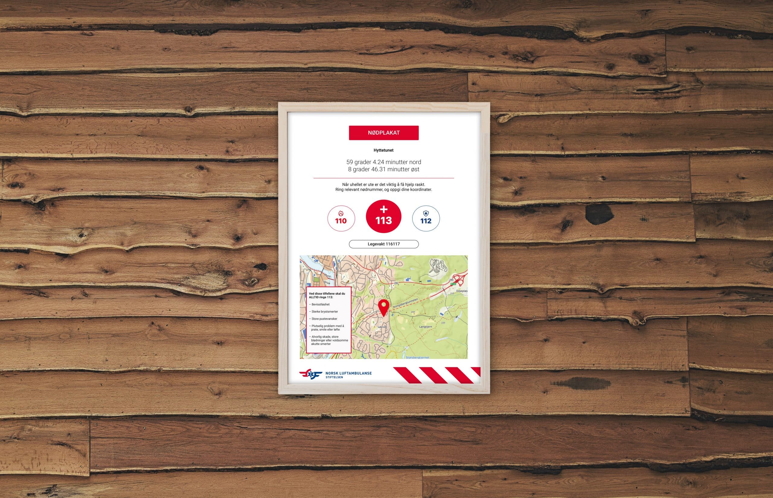 Nødplakat fra Norsk Luftambulanse henger på en panelvegg.