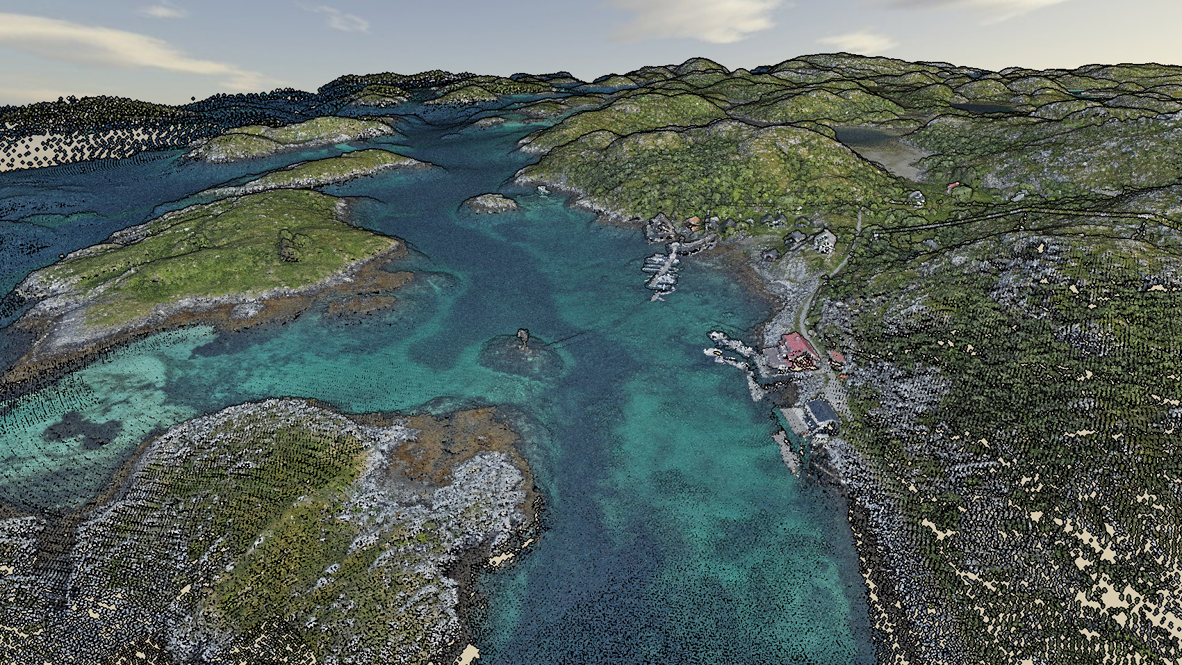 Punktskybilde av Bliksvær med hurtigbåtkaia i forgrunnen. Kilde: Kartverket