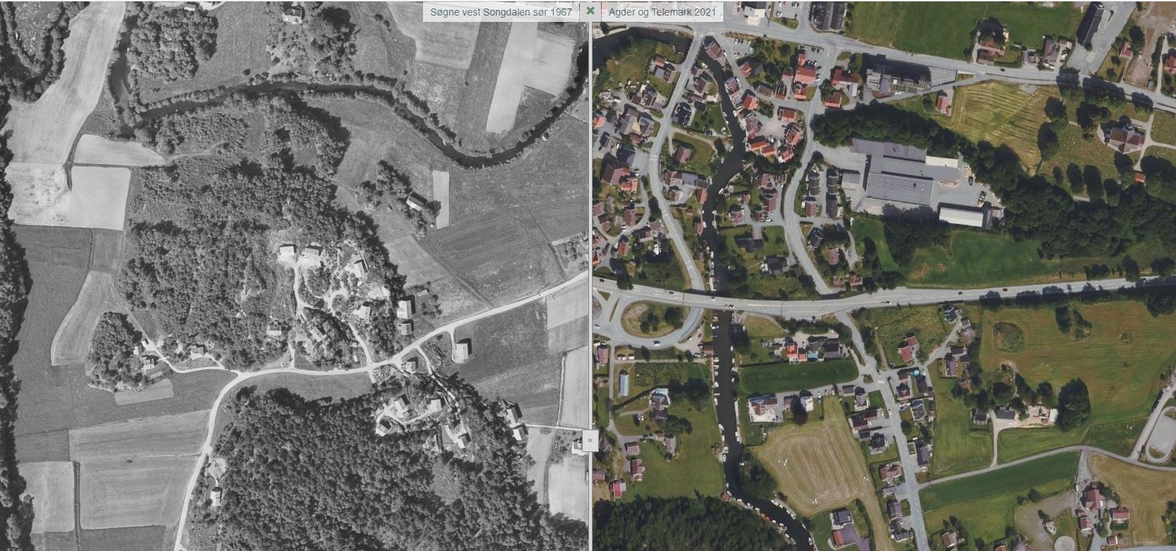 Utsnitt fra Norge i bilder med foto fra 1967 på venstre side og fra 2021 på høyre side