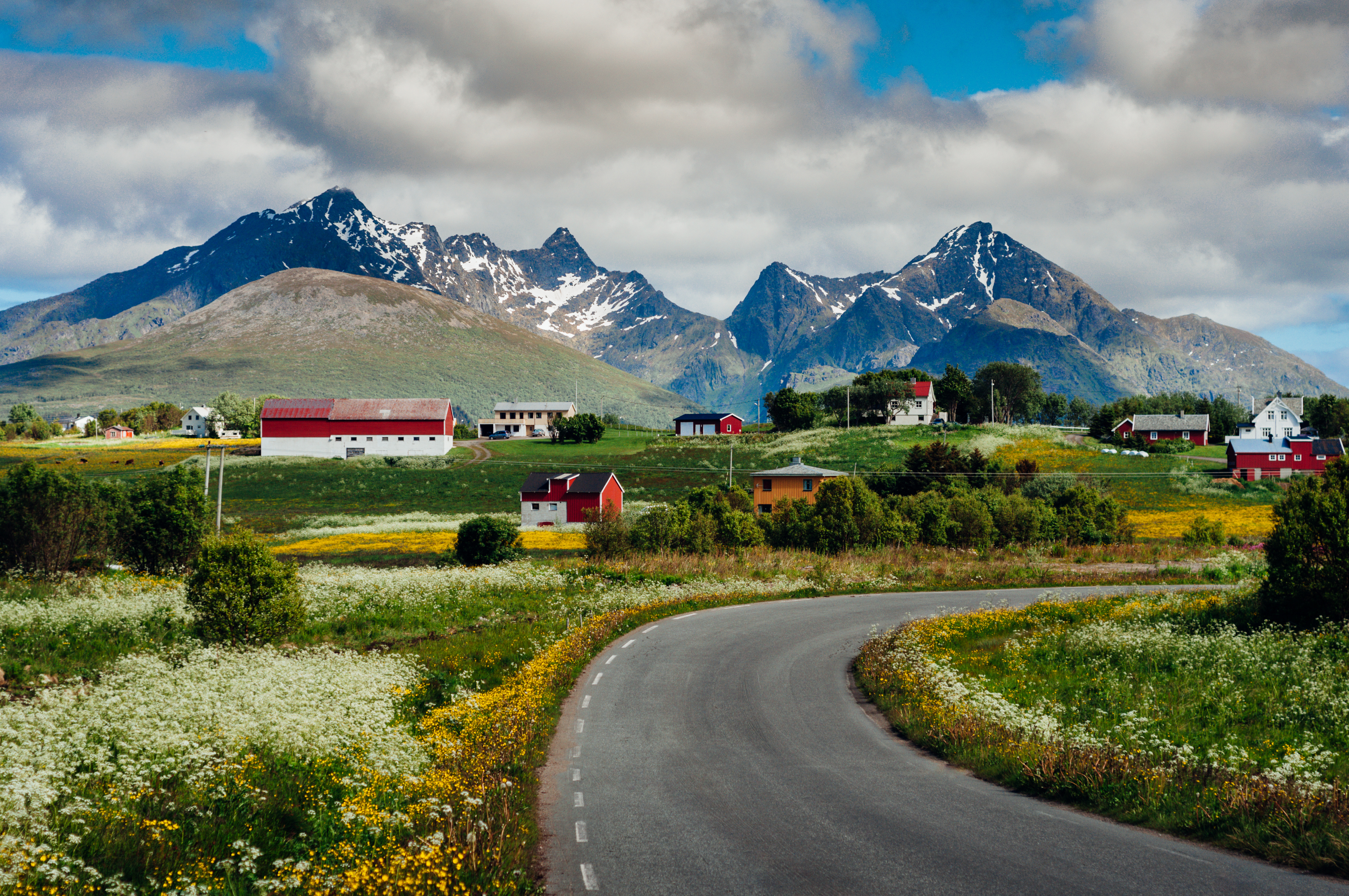Blomstereng og gårdsbruk foran massive fjellformasjoner på vei mot Leknes by i Vestvågøy kommune