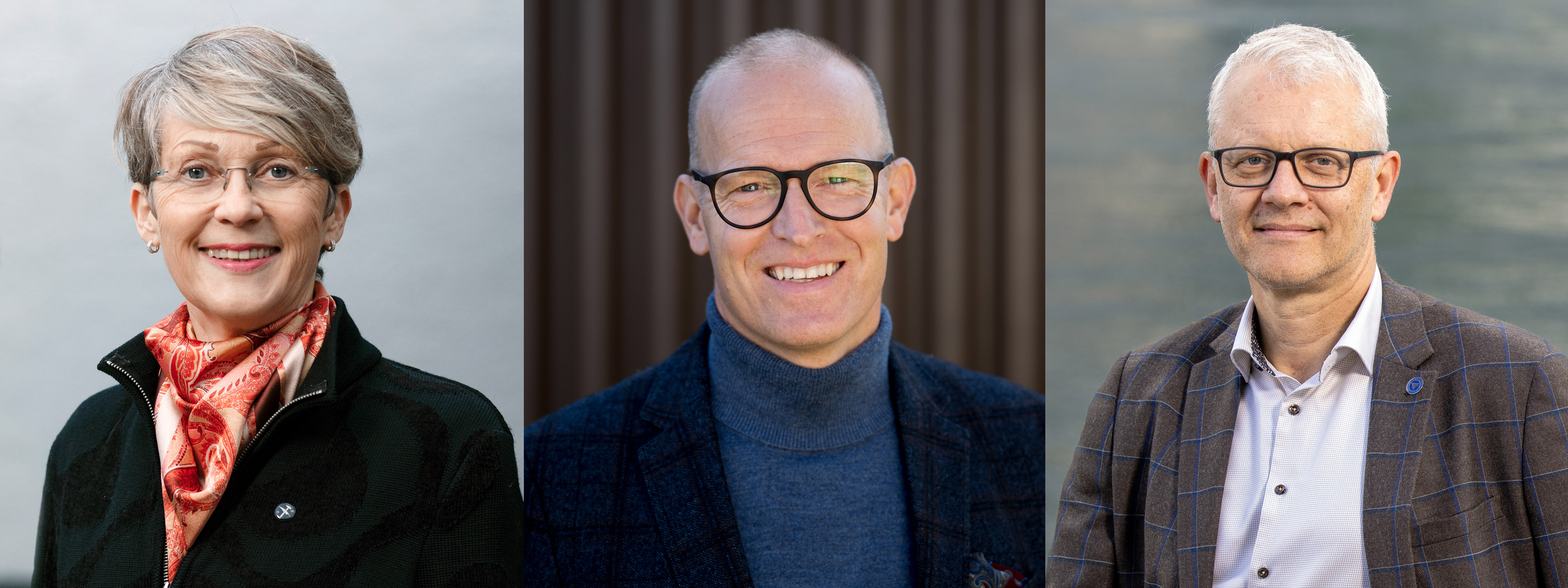 Fotomontajse med bilde av smilende dame, May Britt Myhr, i sort jakke og rødt skjerf, smilende mann, Johnny Welle, med blå pologenser og sort jakke, og smilende mann, Nils Gunnar Kvamstø, i lys skjorte og brun dressjakke med blå striper. Foto.