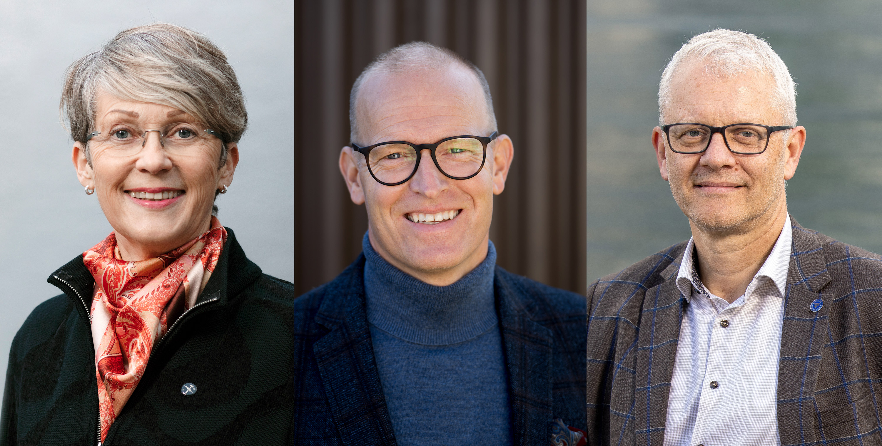 Fotomontajse med bilde av smilende dame, May-Birtt Myhr, i sort jakke og rødt skjerf, smilende mann, Johnny Welle, med blå pologenser og sort jakke, og smilende mann, Nils Gunnar Kvamstø, i lys skjorte og brun dressjakke med blå striper. Foto.