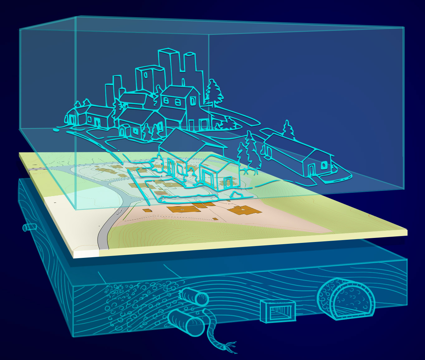 Grafisk illustrasjon av digital tvilling av infrastruktur for geografisk informasjon.