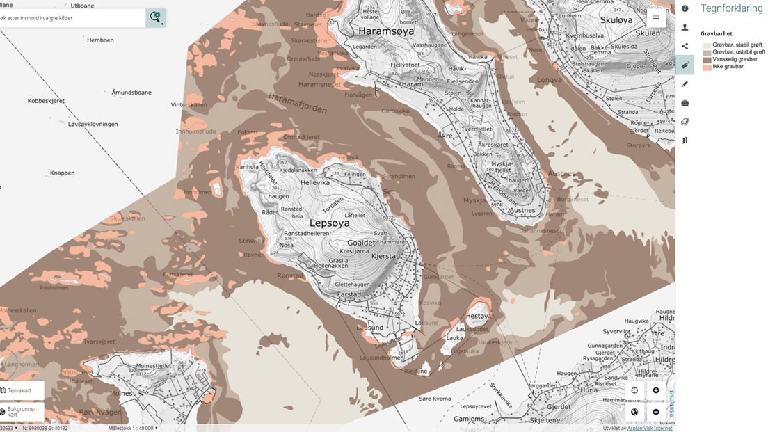 Utsnitt av kartet over gravbarhet fra Ålesund og Giske.