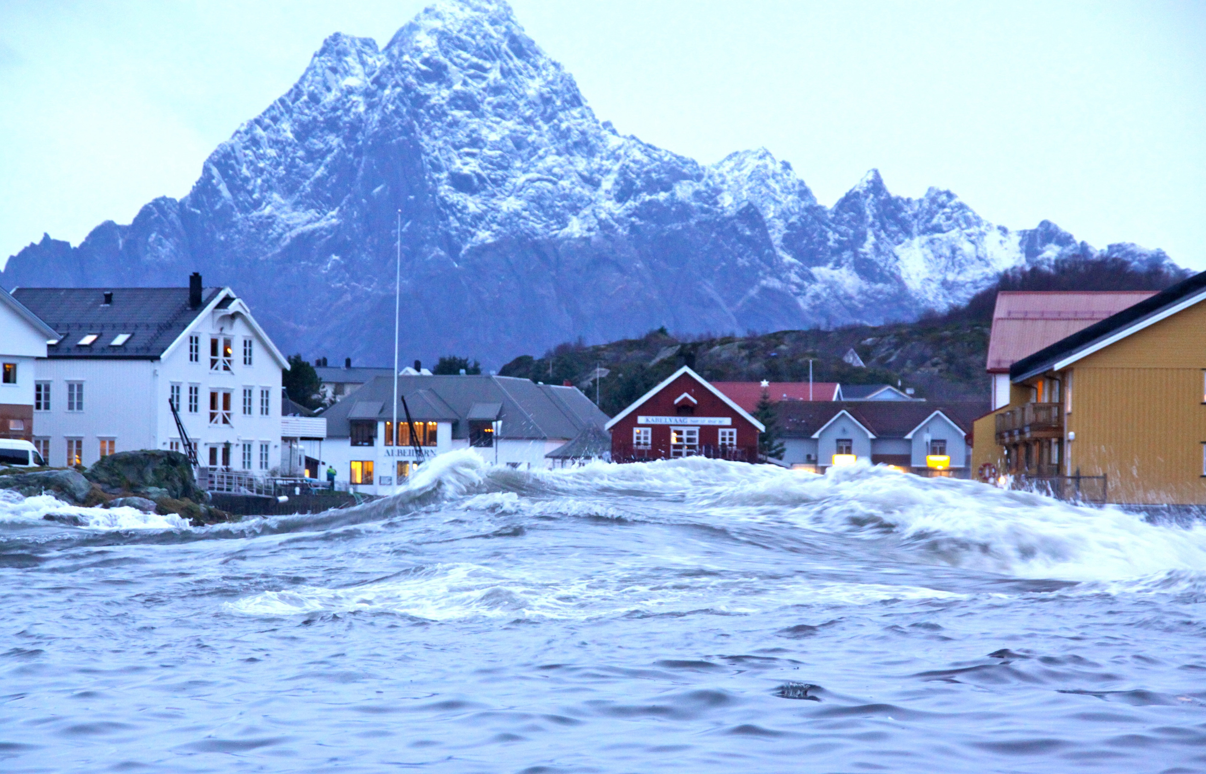 Storm surge in Kabelvåg, Lofoten, Norway. Photo.