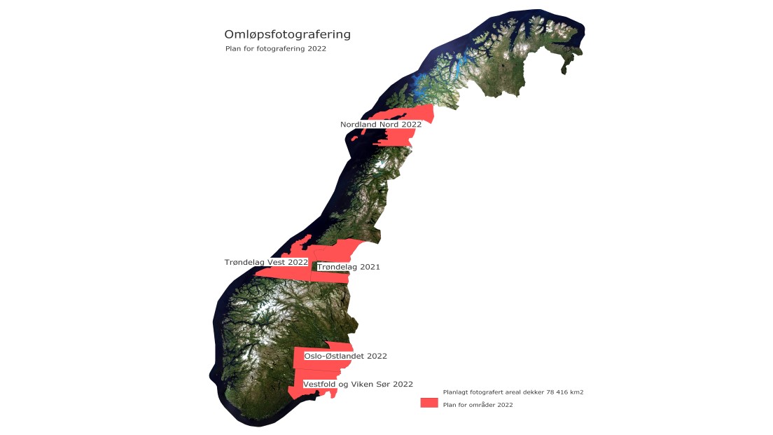 Norgeskart med markerte omr&aring;der for planlagt oml&oslash;psfotografering i 2022.